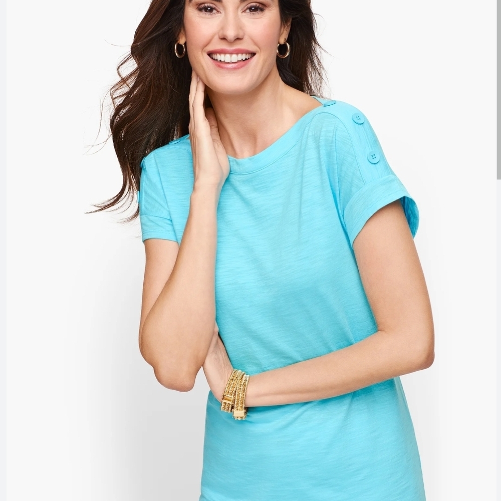 NEW Talbots Button Shoulder Tee Women XL Aqua Turquoise Coastal Preppy Nautical